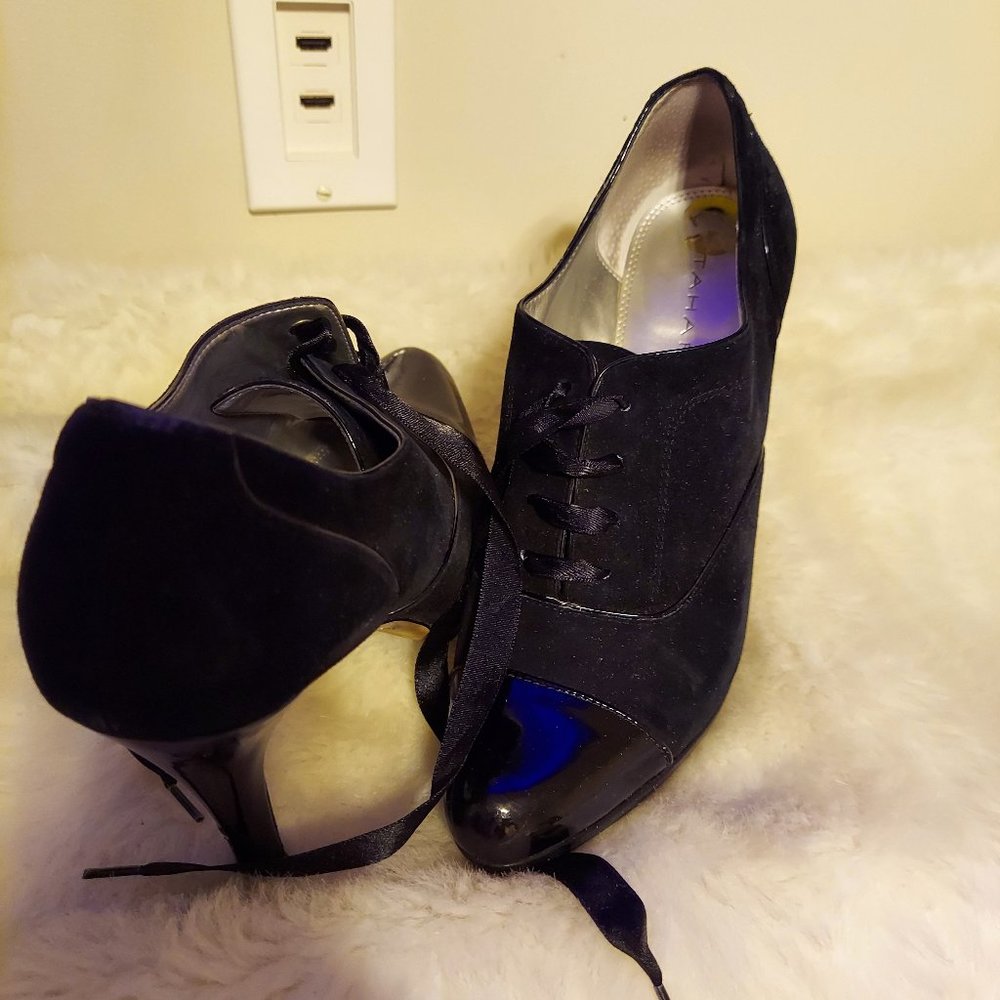 Tahari, Black Suede with Patten leather toe heels